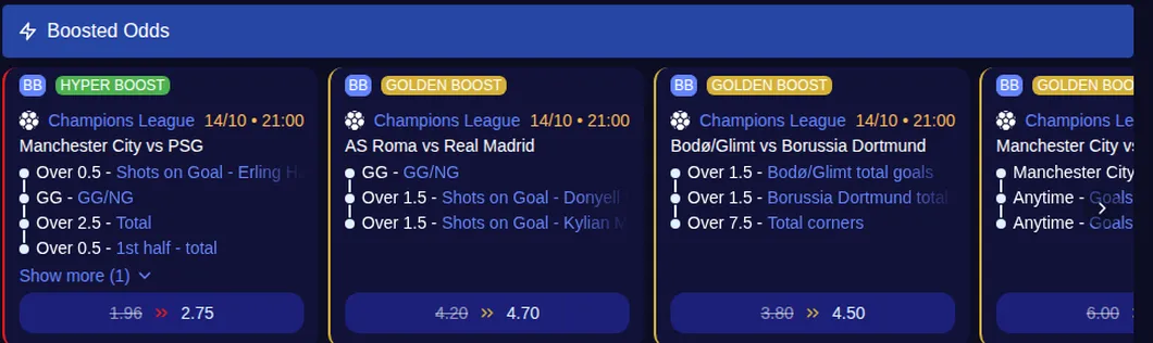 Spinight Boosted Odds mit Hyper Boost und Golden Boost auf Champions-League-Spiele