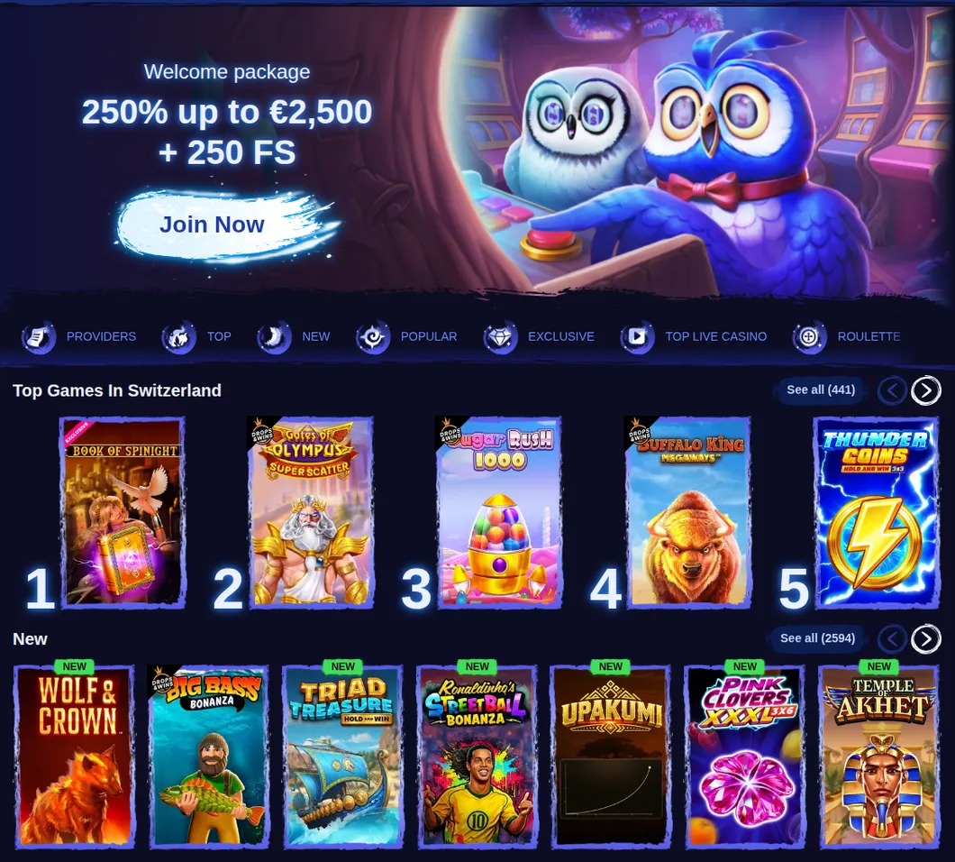 Spinight Startseite mit Eulen-Maskottchen, Willkommenspaket, Top-Spielen der Schweiz und Sportarten