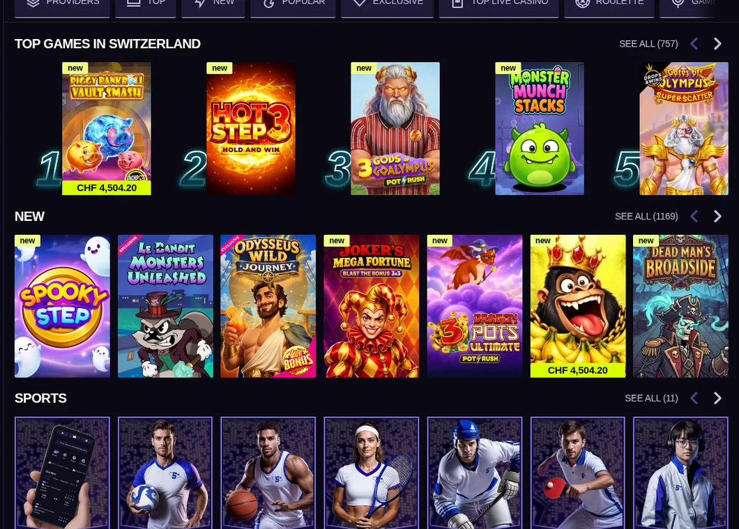 Sportuna Casino-Lobby mit Top Games in Switzerland, neuen Spielen und Sportarten
