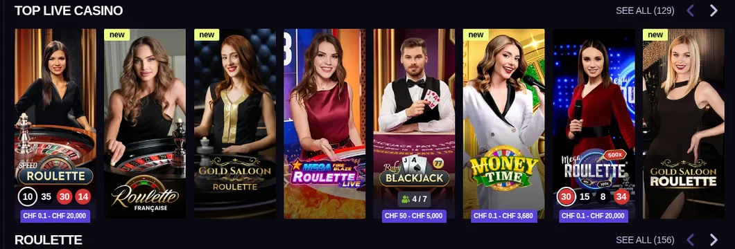 Sportuna Top Live Casino mit Roulette-, Blackjack- und Gold-Saloon-Tischen