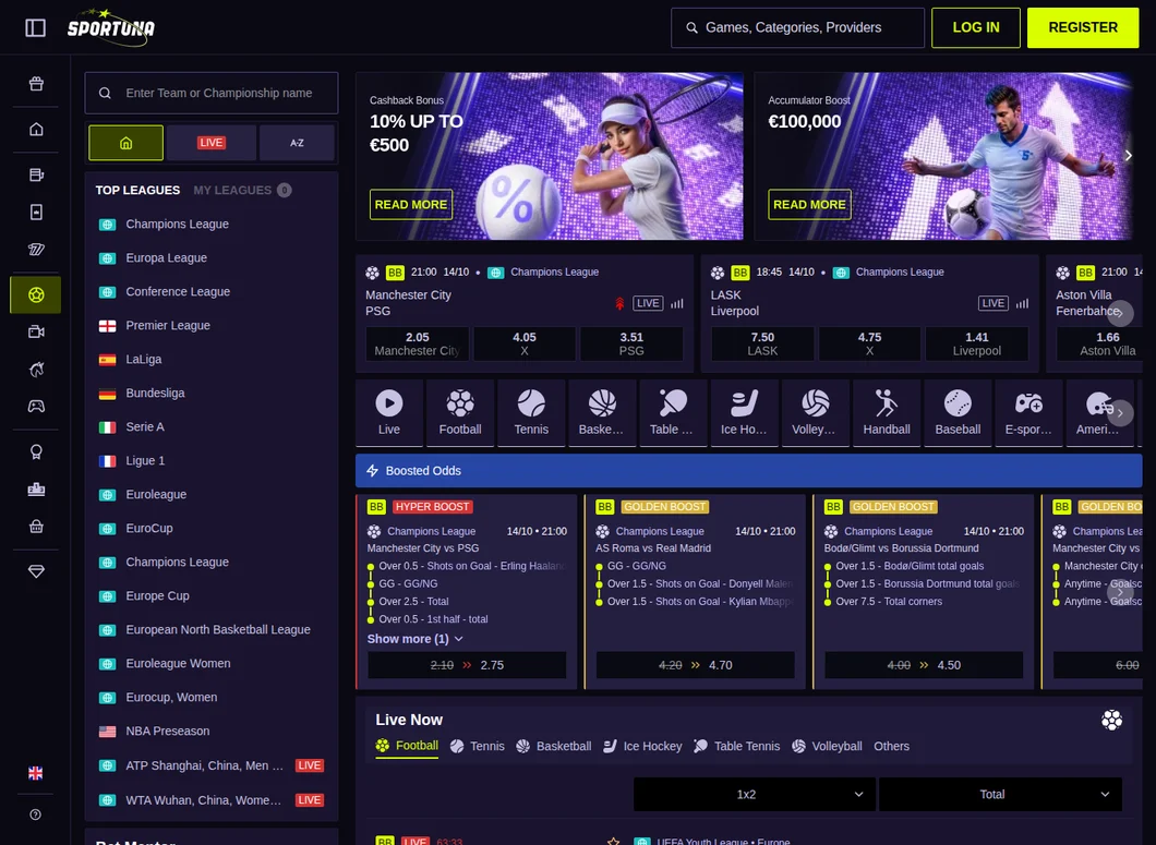 Sportuna Sportbereich mit Top-Ligen, Cashback, Accumulator Boost und Boosted Odds