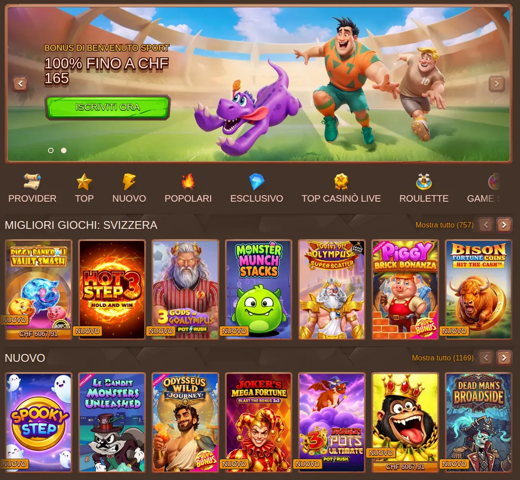 StoneVegas Startseite mit Seitenleiste, Sport-Bonus-Banner und der Rubrik Beste Spiele Schweiz