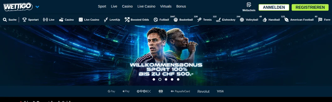 Wettigo Startseite mit Willkommensbonus Sport 100 Prozent bis CHF 500 und Zahlungsarten