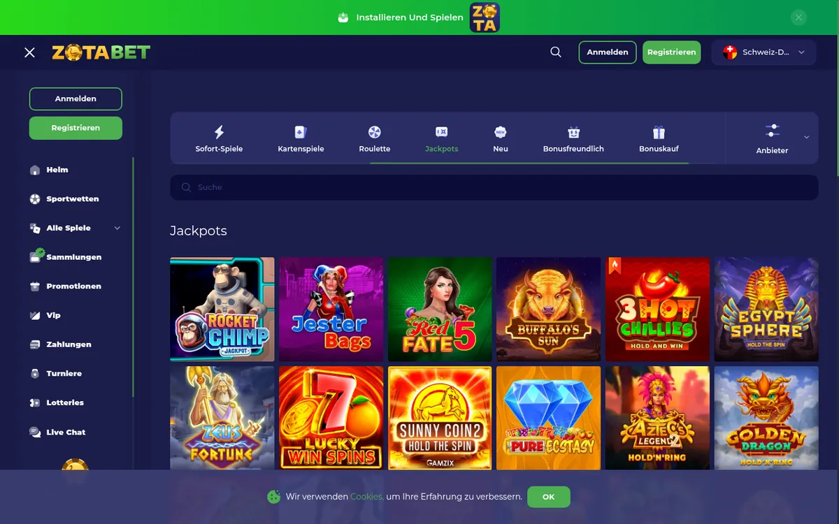 Zotabet Jackpot-Spiele